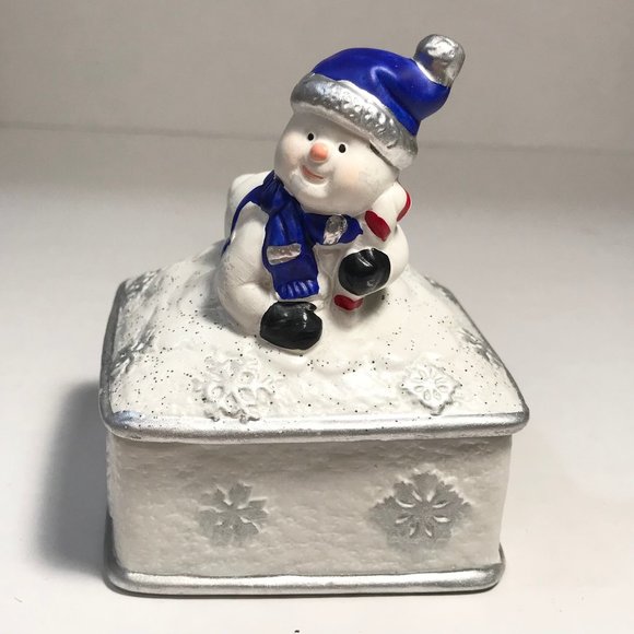 Vintage Ceramic Snowman Snowflake Christmas Trinket Box Jewelry Blue WhiteSilver - Picture 5 of 16